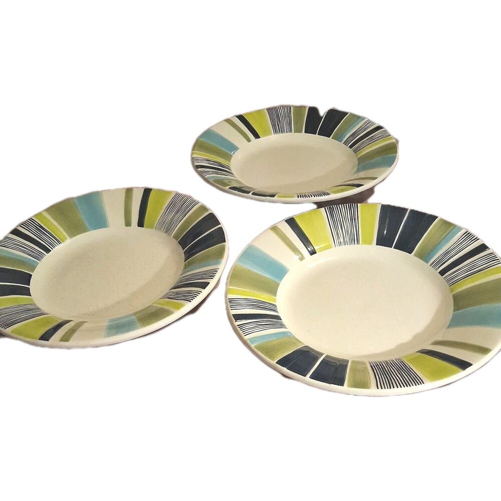 Pottery Barn Sausalito 12” Pasta Bowls/plates Set Of 3 Multicolor Stripe